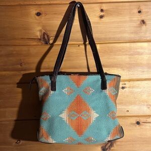 Pendleton Vintage wool light blue southwest leather purse large